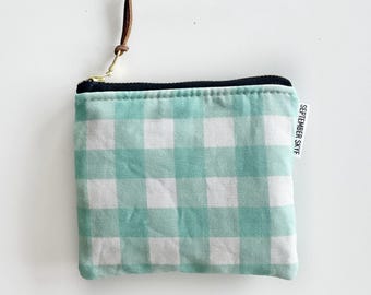 Aqua blue gingham print square mini pouch