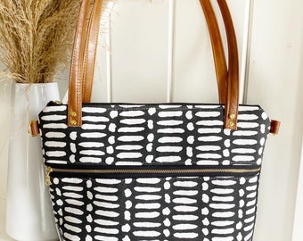 READY TO SHIP Small tote in boho black and white- small purse - top handled purse - faux leather