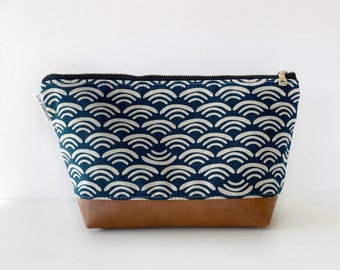 Smile and wave in navy makeup bag with faux leather boxed bottom - vanity bag - toiletry bag - bridesmaid gifts - gifts for her