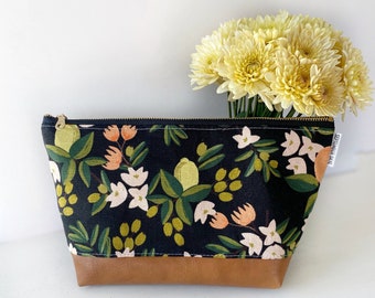 Rifle paper citrus grove black makeup bag with faux leather boxed bottom - vanity bag - toiletry bag - bridesmaid gifts - gifts for her