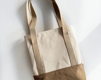 Mini canvas tote in khaki and cream with floral interior  / Bible bag / lunch tote / iPad bag / book bag