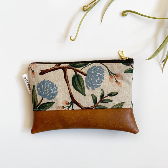 Linen Floral Rifle Paper Coin Purse With Faux Leather Bottom