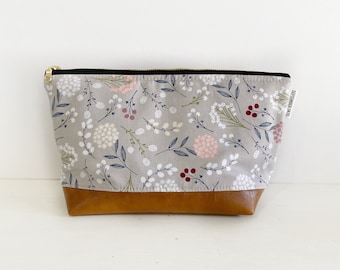 Gray floral makeup bag - toiletry bag - vanity bag - bridesmaid gift