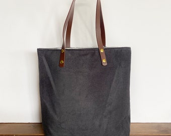 Simple tote in charcoal corduroy - beach bag - canvas tote - aesthetic bags - handmade bag - gifts for her