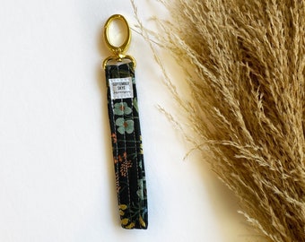 Gold key Fob in rifle paper black floral - wristlet lanyard - new car gift - keychain for women - teen gift