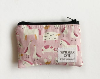 Pink farm animals mini coin purse - gift card holder - stocking stuffer - little girl gift - purse organization - gifts for her