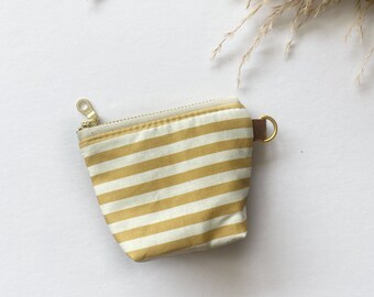 Itty bitty pouch with keychain  in mustard and white stripes