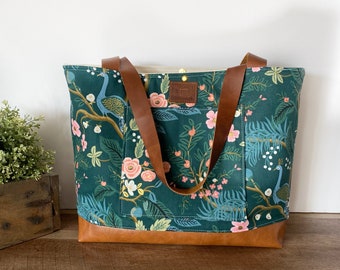 Made to order - Rifle paper teal peacock with faux leather bottom and leather handles - chubby tote bag - aesthetic bags - handmade tote