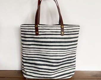 Simple tote in charcoal and white sketch stripe - beach bag - canvas tote - aesthetic bags - handmade bag - gifts for her