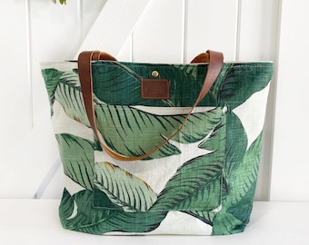 Ready to ship! Banana leaf beach bag tote -  chubby tote bag - aesthetic bags - handmade tote