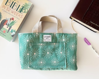 NEW! Bible or book bag tote in turquoise sunburst / book cover / devotional bag / gifts for mom