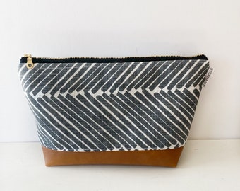 Charcoal gray griffin canvas makeup bag with faux leather boxed bottom - vanity bag - toiletry bag - bridesmaid gifts - gifts for her