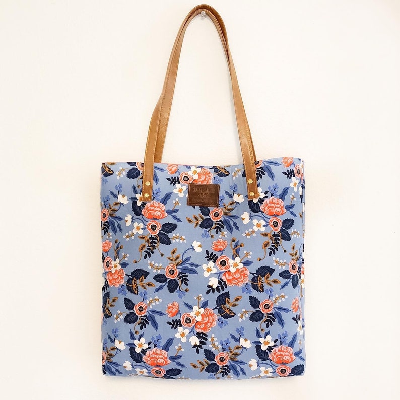 Rifle paper periwinkle floral simple tote with pink interior