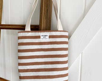 Mini Tote Bag brown and white stripes - Bible tote - lunch bag - kids tote - knitting bag