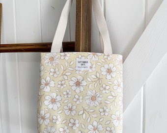Mini Tote Bag in butter yellow Daisy - Bible tote - lunch bag - kids tote - knitting bag