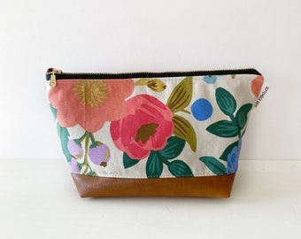 Rifle paper big floral canvas makeup bag with faux leather boxed bottom - vanity bag - toiletry bag - bridesmaid gifts - gifts for her