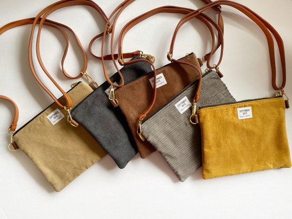 Small Crossbody Bag in Dark Charcoal Gray Corduroy - Travel