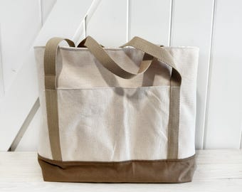 Cream Canvas Tote bag with khaki bottom and khaki cotton straps