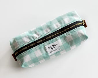 Aqua blue gingham print boxy brush pencil bag - makeup bag - storage bag