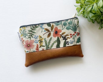 Geweer papieren linnen portemonnee met bloemen en bruin kunstleer