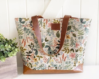 Made to order - rifle paper co in linen in the chubby tote with faux leather bottom