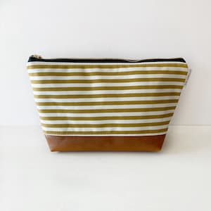 Mustard and white striped canvas makeup bag with faux leather boxed bottom vanity bag toiletry bag bridesmaid gifts gifts for her image 1