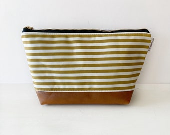 Mustard and white striped canvas makeup bag with faux leather boxed bottom - vanity bag - toiletry bag - bridesmaid gifts - gifts for her