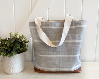 Gray and White Stripe Market Tote: Farmhouse Style Bag