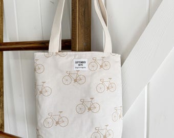 Mini Tote Bag in cream bicycles - Bible tote - lunch bag - kids tote - knitting bag