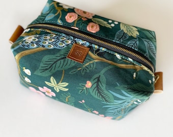 Rifle paper teal peacock boxy makeup bag - vanity bag - travel bag - handmade - gifts for her