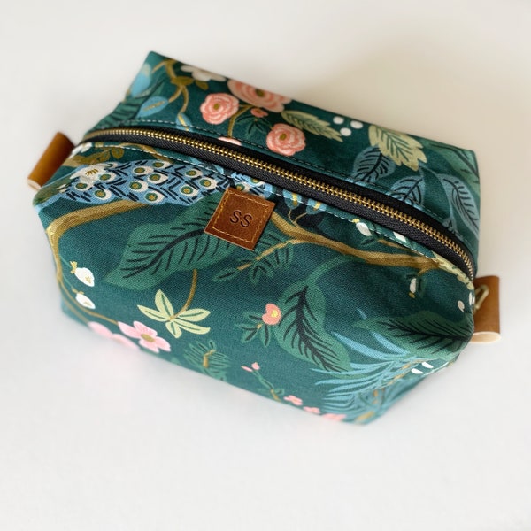 Rifle paper teal peacock boxy makeup bag - vanity bag - travel bag - handmade - gifts for her