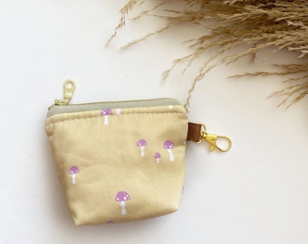 Itty bitty pouch with keychain in little autumn mushrooms peach