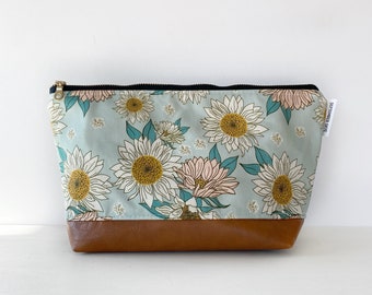 Indy bloom boho sunflower makeup bag with faux leather boxed bottom - vanity bag - toiletry bag - bridesmaid gifts - gifts for her