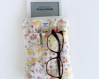 E-Reader case in yellow puffy quilted floral / kindle case / mini iPad case / book cover / gifts for her
