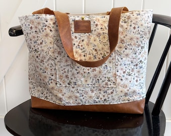 Chubby tote in Josephine floral-  Canvas Tote Bag with Leather Handles, Boxed Bottom / teacher gift / Mother’s Day