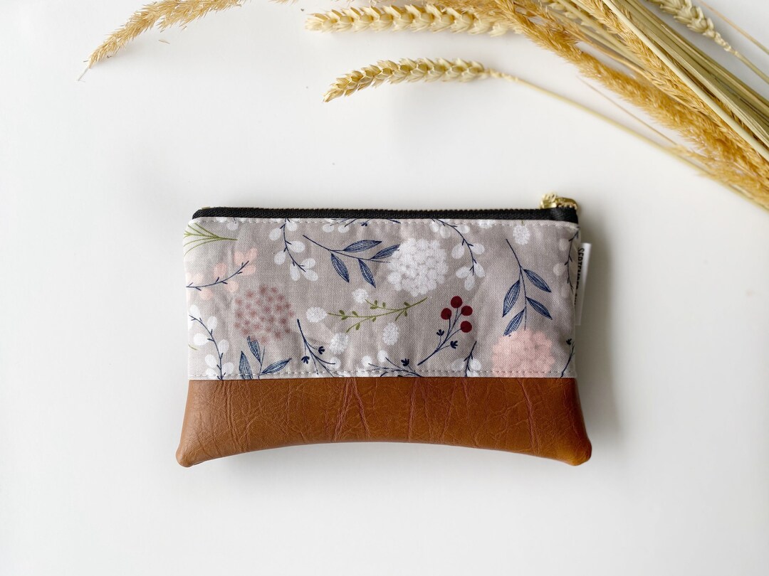 Gray Light Floral Coin Purse With Brown Faux Leather - Etsy