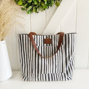 Heavyweight gray and white stripe sketch chubby tote bag - aesthetic bags - handmade tote