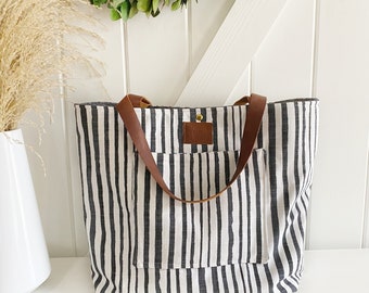 Heavyweight gray and white stripe sketch chubby tote bag - aesthetic bags - handmade tote