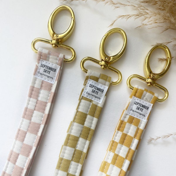 Gold key Fob in checkered prints - wristlet lanyard - new car gift - keychain for women - teen gift