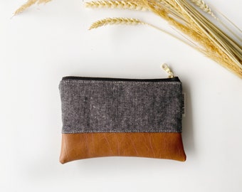 Black Essex linen coin purse with brown faux leather
