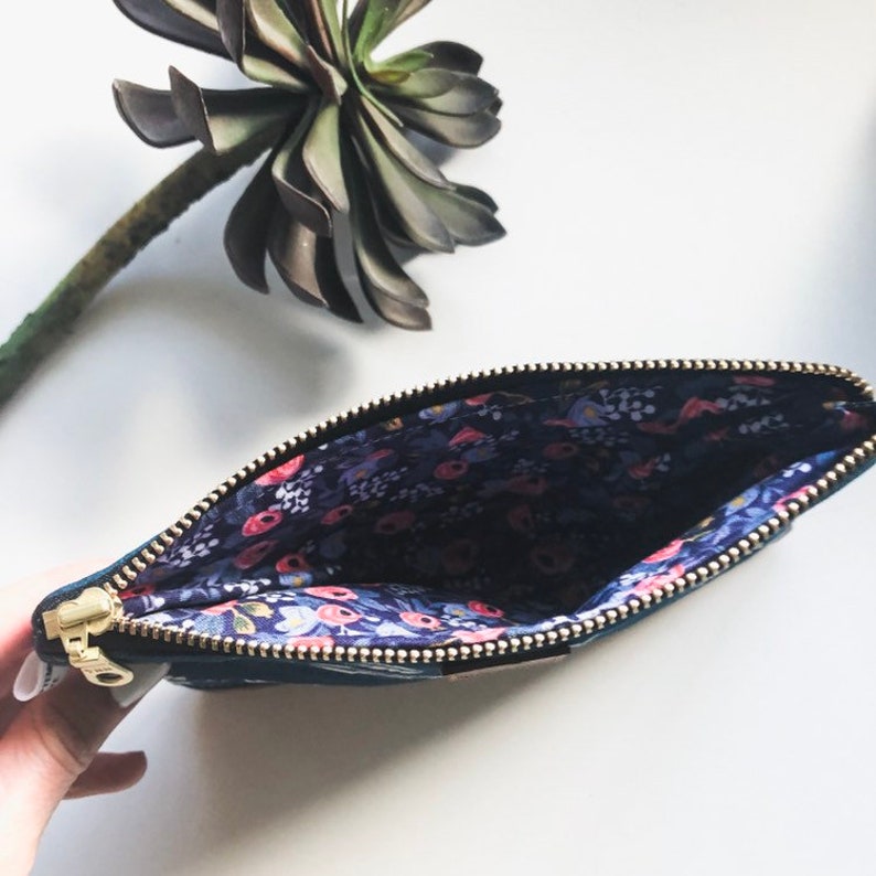 Dark blue tribal coin purse with brown faux leather vegan zipped pouch