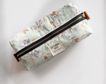 boxy brush pencil bag in light blue floral - makeup bag - storage bag