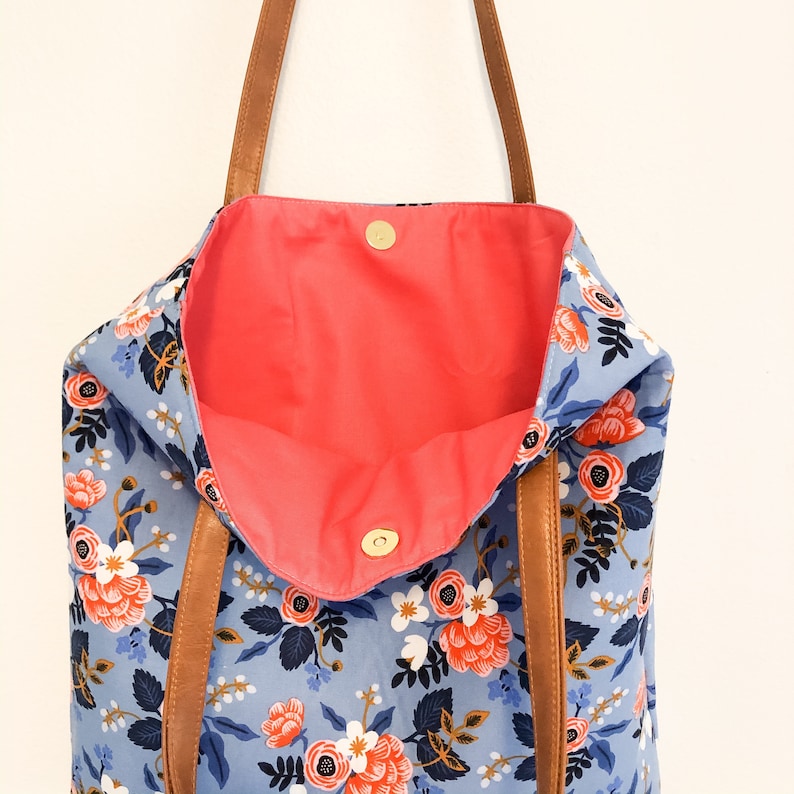 Rifle paper periwinkle floral simple tote with pink interior