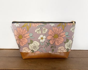 Purple floral makeup bag with faux leather boxed bottom - vanity bag - toiletry bag - bridesmaid gifts - gifts for her