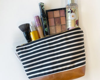 Black and cream stripe makeup bag