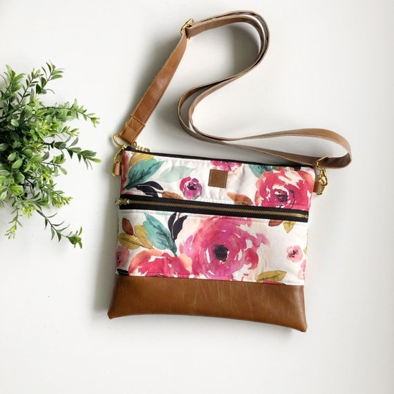 Watercolor Floral Crossbody Bag With Carmel Faux Leather | Etsy