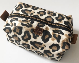 Leopard print boxy makeup bag with black interior - vanity bag - Christmas gift