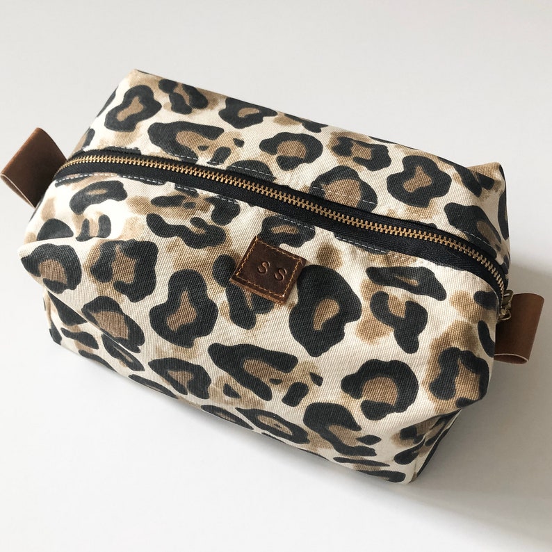 Leopard print boxy makeup bag with black interior vanity bag Christmas gift image 1