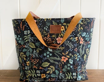 Rifle Paper Floral Linen Tote Bag: Handmade Leather Handle