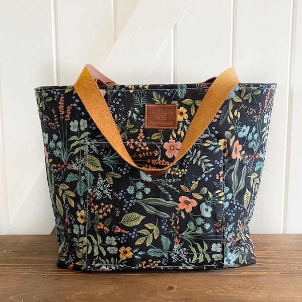 Rifle paper black botanical floral in linen chubby tote bag - aesthetic bags - handmade tote